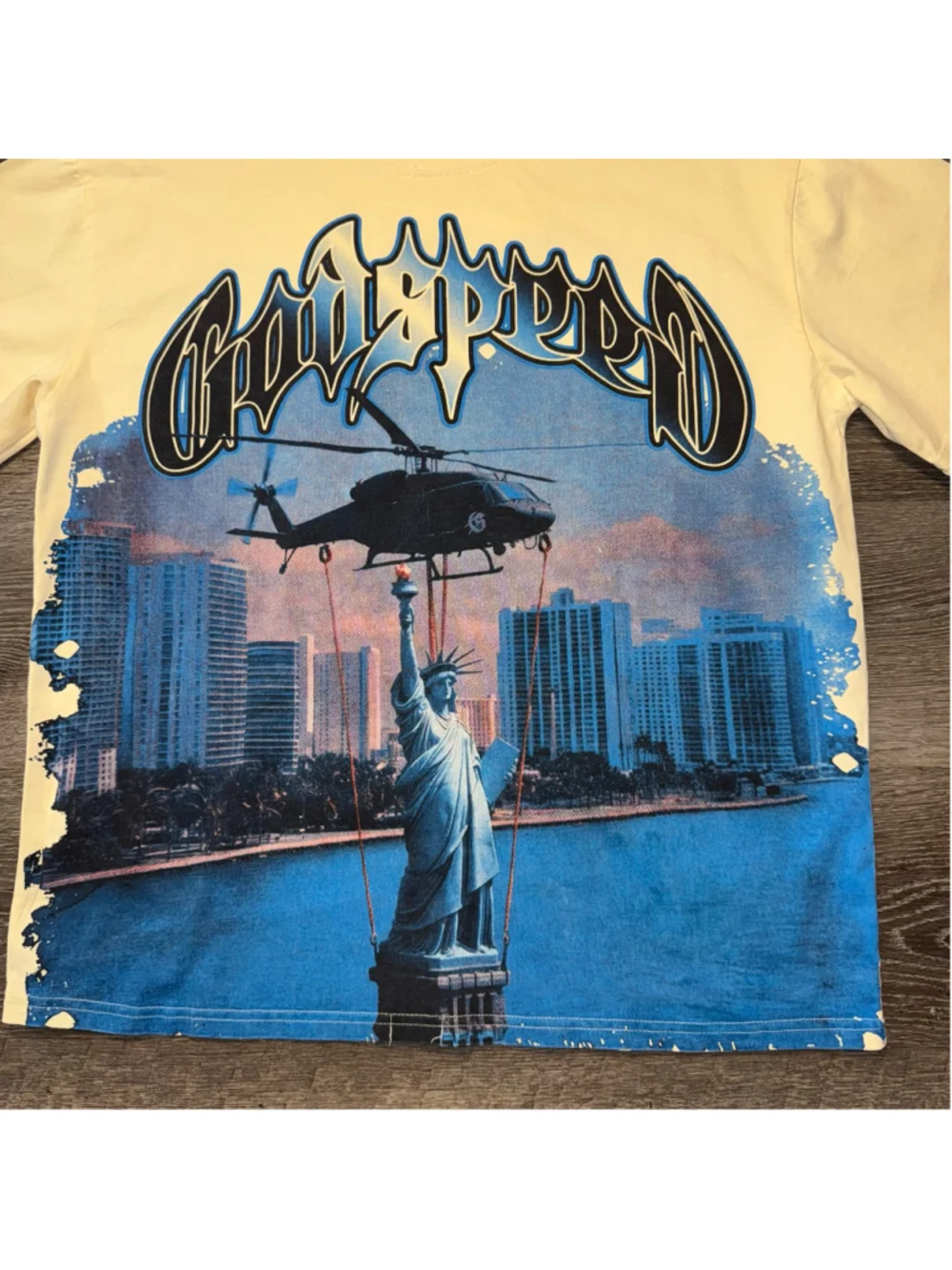 Godspeed Graphic Tee Size L Yellow Blue Statue of Liberty Print